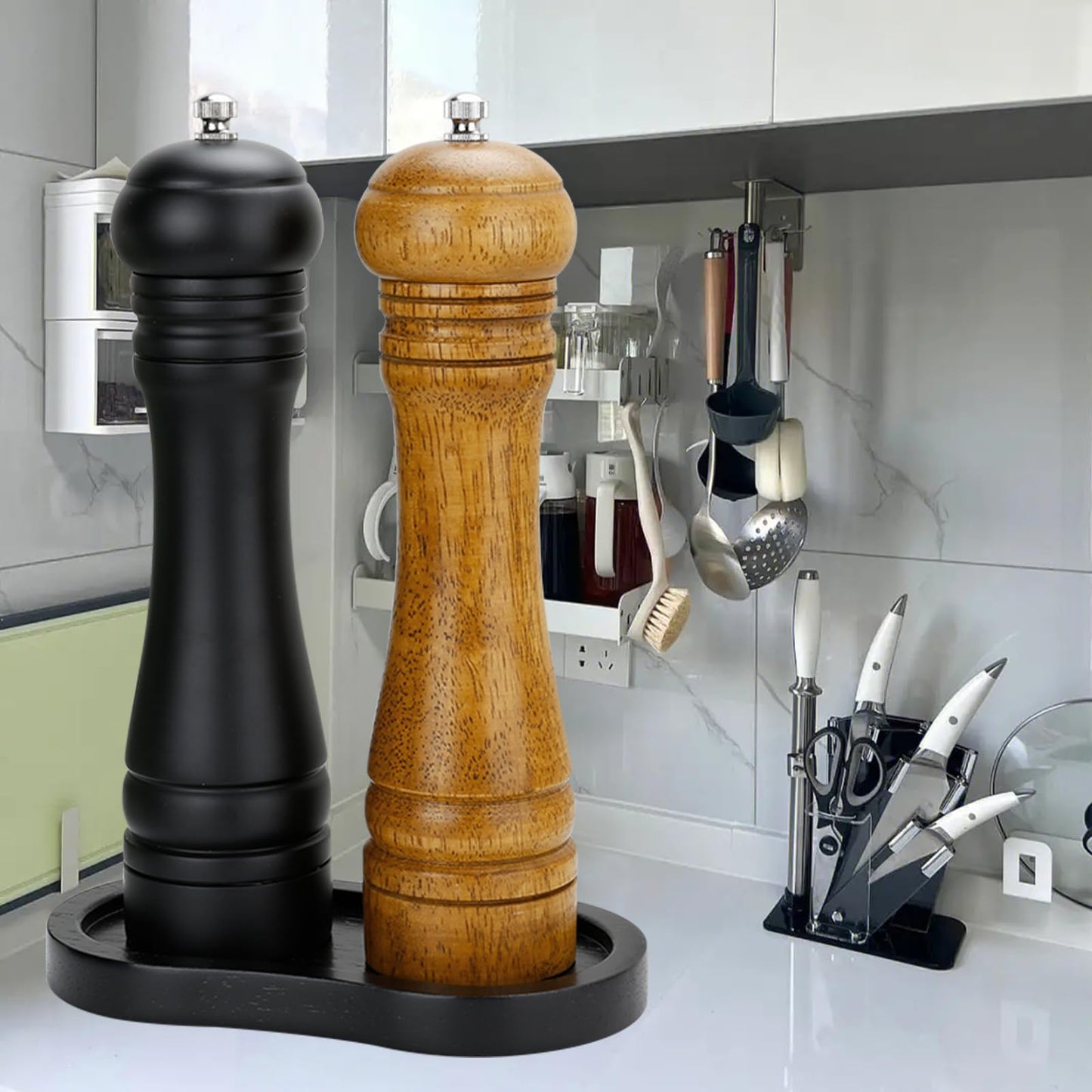 BINHAI Black Salt and Pepper Mill Tray, Pepper Grinder Wood Rest, Work Surface and Dining Table Protector (Pepper mill not included)