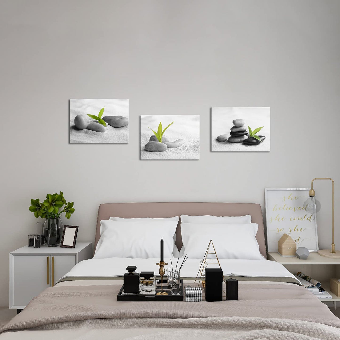 Biuteawal 3 Piece Zen Canvas Wall Art for Bathroom Decor Zen Stone with Green Plant Picture Print Peaceful Still Life Artwork Painting Modern Home Bedroom Meditation Room Spa Room Decoration