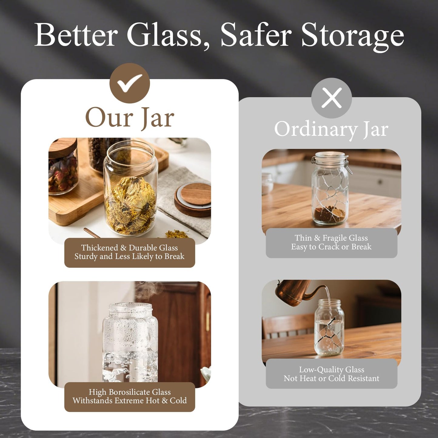 Glass Jars with Airtight Wood Lids - 11 oz Mini Kitchen Pantry Storage Containers, Stackable Decorative Canisters for Chia Seed, Sugar, Tea, Spice, Salt, Matcha, Nuts, Sauce, Cocoa powder, Set of 2