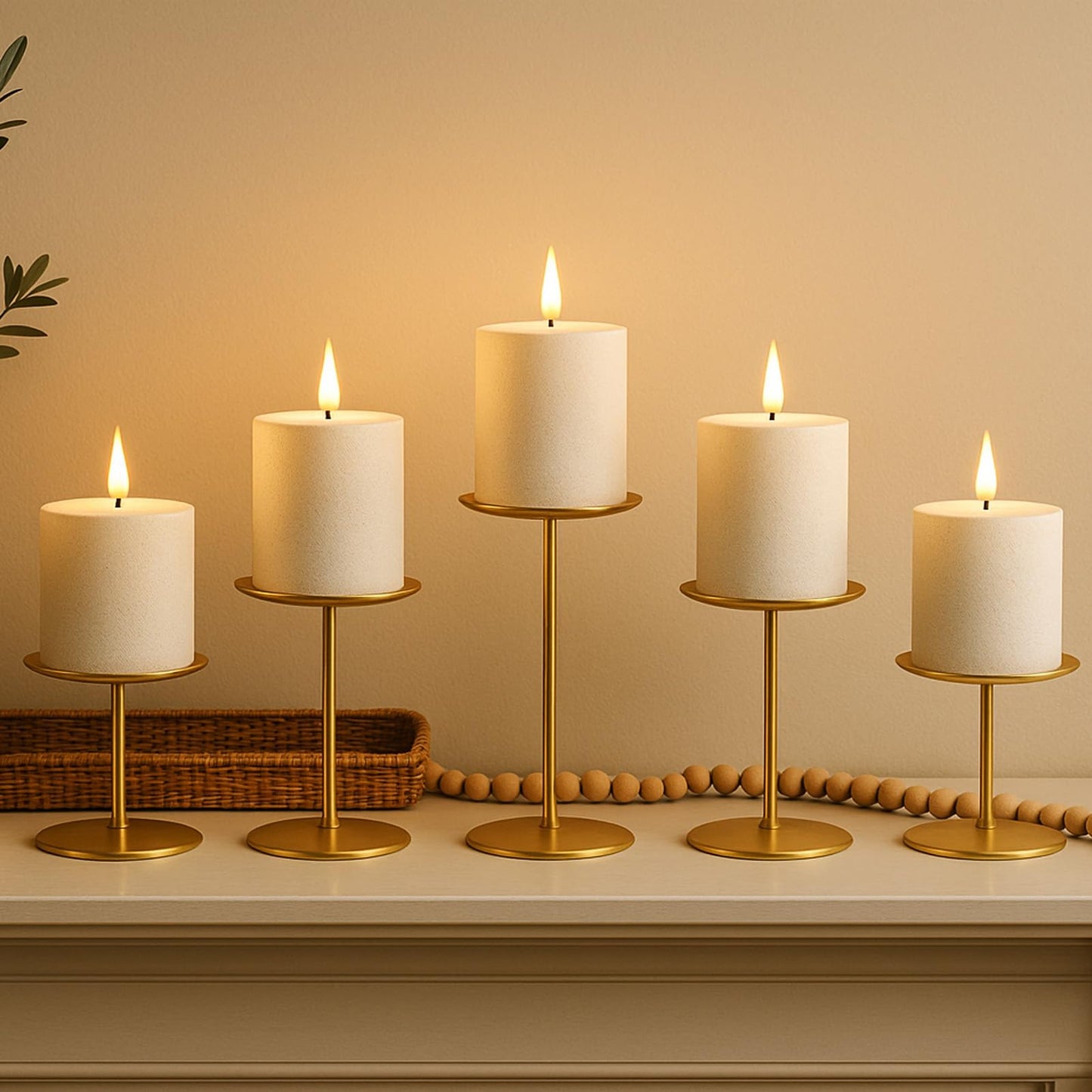smtyle Gold Candle Holder for Pillar Candles Set of 5 Plate Centerpiece for Table or Floor with Iron