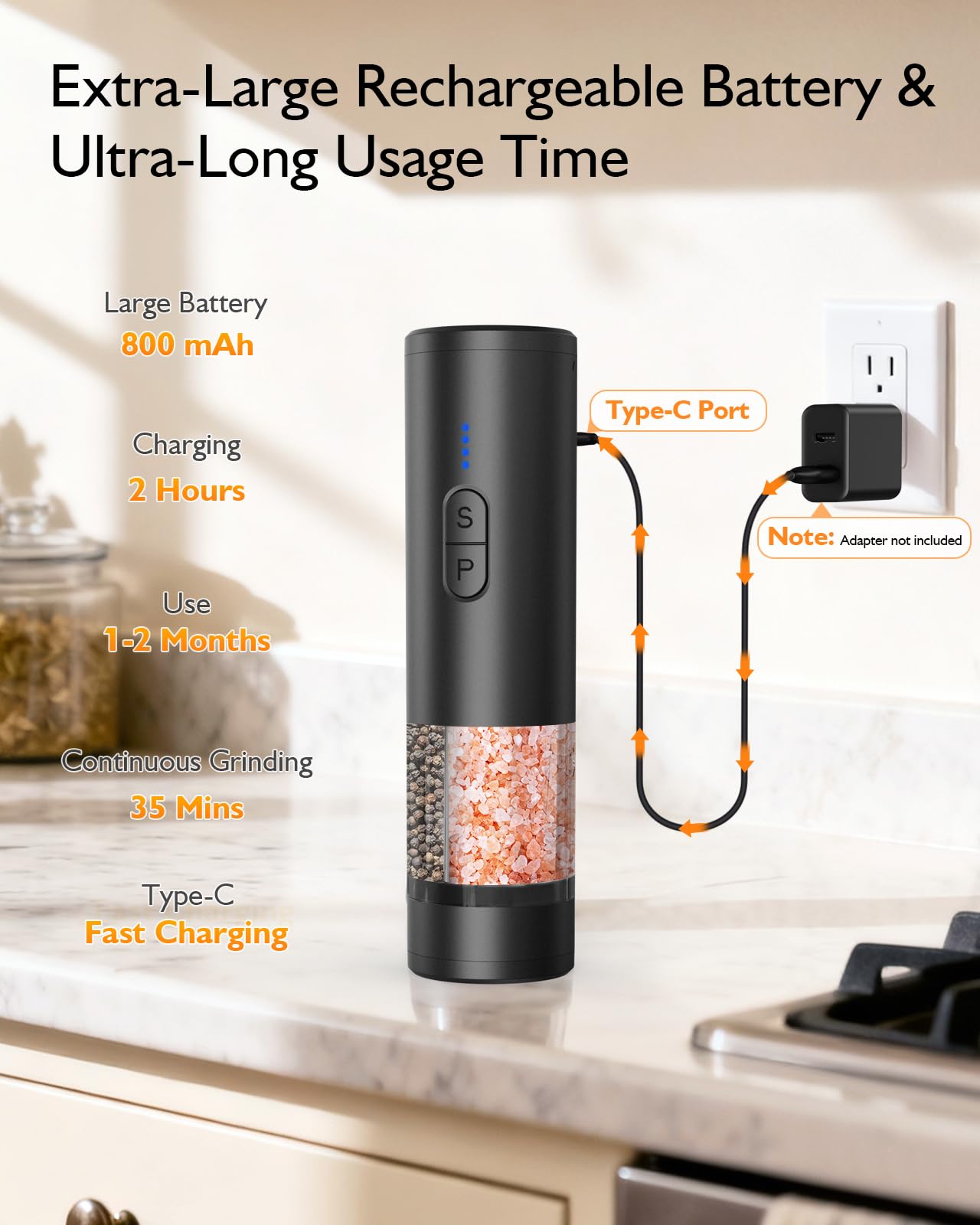 Electric Salt and Pepper Grinder Set, 2 in 1 Dual Bins USB Rechargeable Refillable Automatic Salt and Pepper Mill Shaker with LED Light, Dual Ceramic Grinder Adjustable Coarseness, kitchen gift, Black