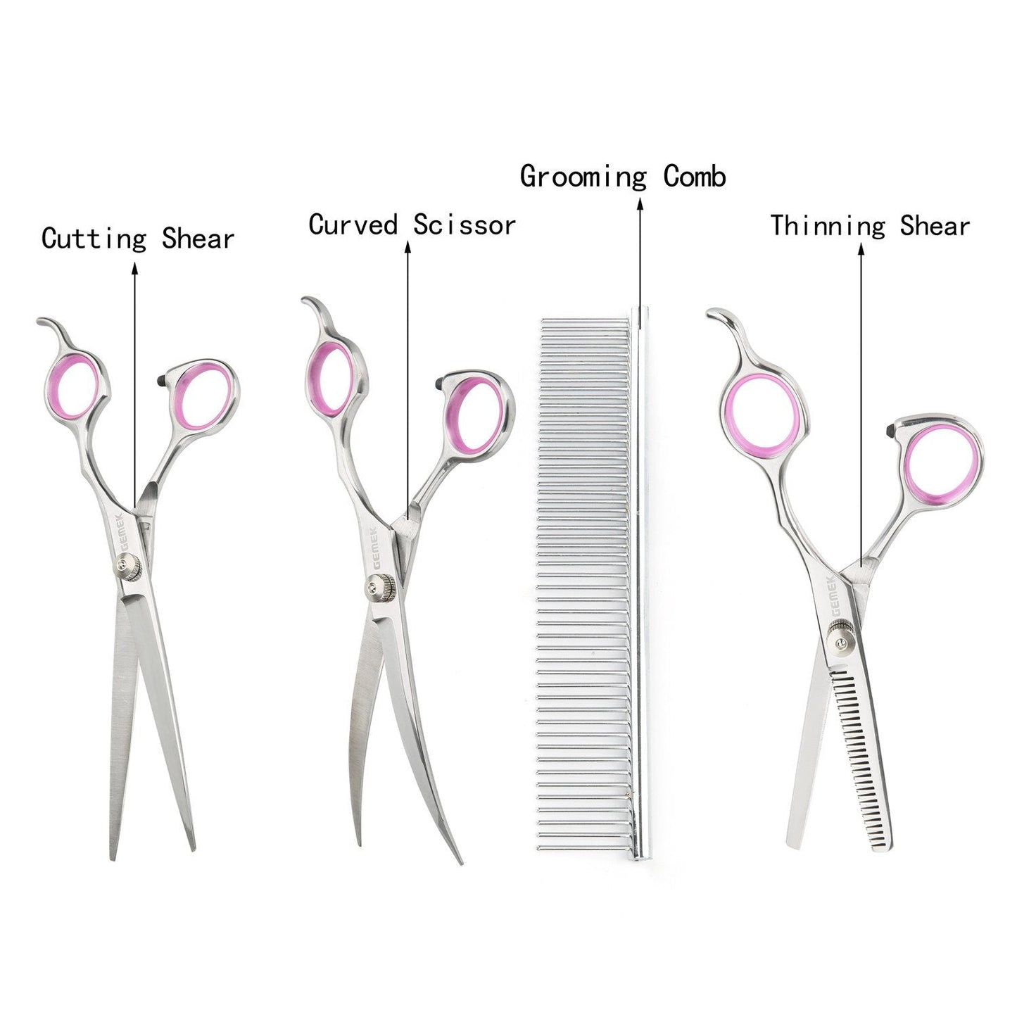 GEMEK Pet Grooming Scissors Set 4 Pieces Stainless Steel Pet Trimmer Kit Used for Dog Cat and More Pets - with 7.5-inch Cutting Scissors, Thinning Shear, Curved Scissors, Grooming Comb