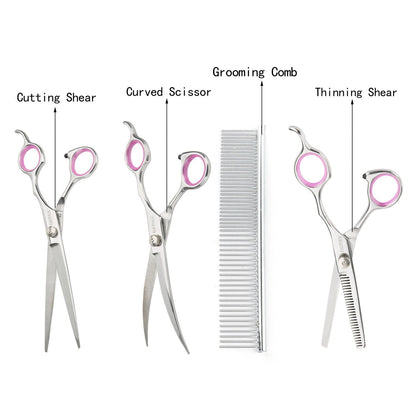 GEMEK Pet Grooming Scissors Set 4 Pieces Stainless Steel Pet Trimmer Kit Used for Dog Cat and More Pets - with 7.5-inch Cutting Scissors, Thinning Shear, Curved Scissors, Grooming Comb