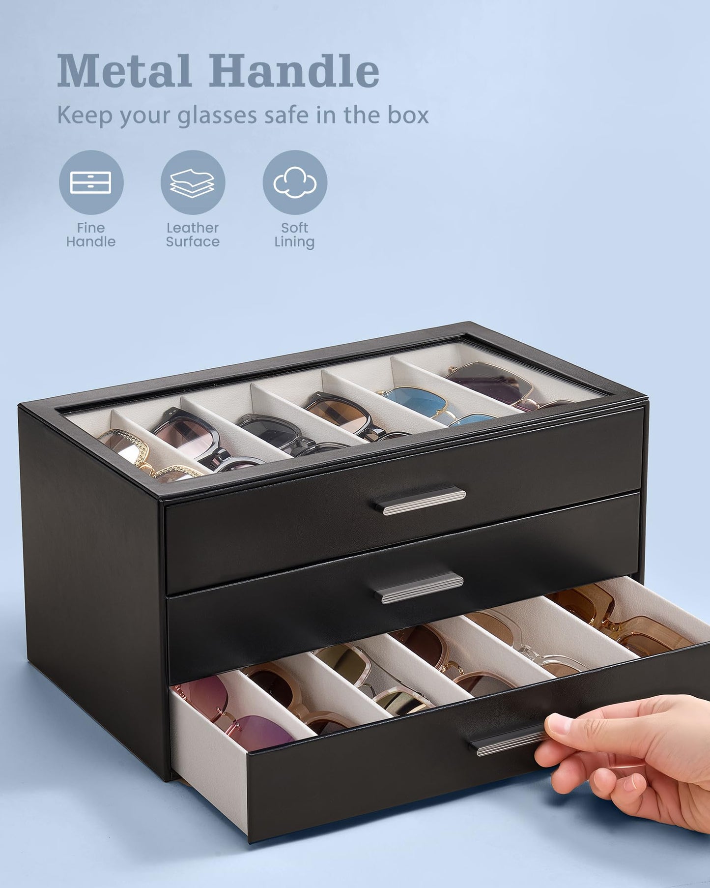 Lolalet 12 Slots Sunglasses Organizer, 2-Layer Sunglass Box with Transparent Glass Lid Display Case Storage Holder for Eyewear Eyeglass Multiple Pairs Glasses, Mothers Day Gifts-Black