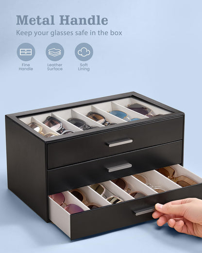Lolalet 12 Slots Sunglasses Organizer, 2-Layer Sunglass Box with Transparent Glass Lid Display Case Storage Holder for Eyewear Eyeglass Multiple Pairs Glasses, Mothers Day Gifts-Black
