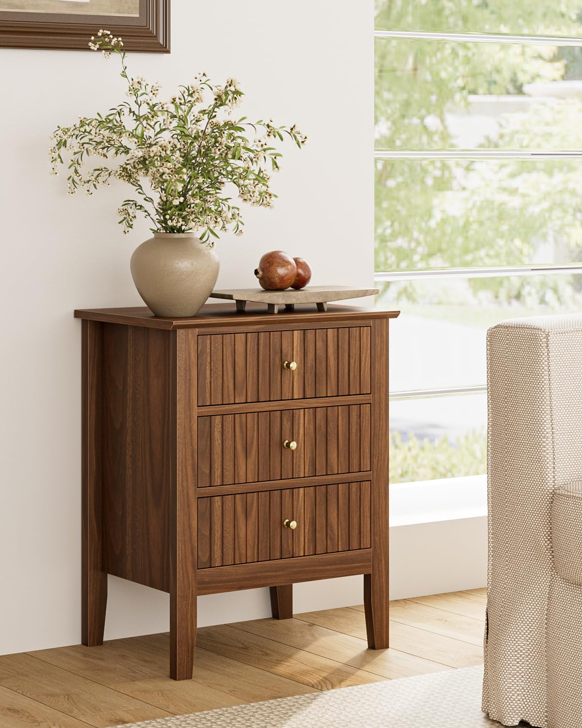 Apetaccat Nightstand Vintage, Fluted Night Stand Tall Farmhouse Beside Table with 3 Drawers, Mid Century Modern Side Accent Table,Bedside End Table for Bedroom, Walnut