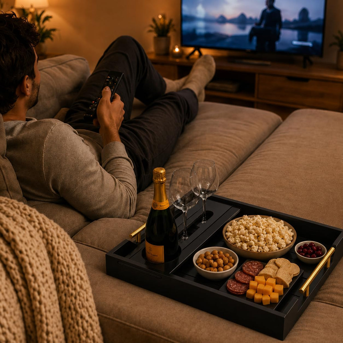 Black Wood Serving Tray with Removable Wine Glass Holder, Couch Snack Tray for Movie Night, Sofa, Ottoman, Coffee Table, Wedding and Housewarming Gift