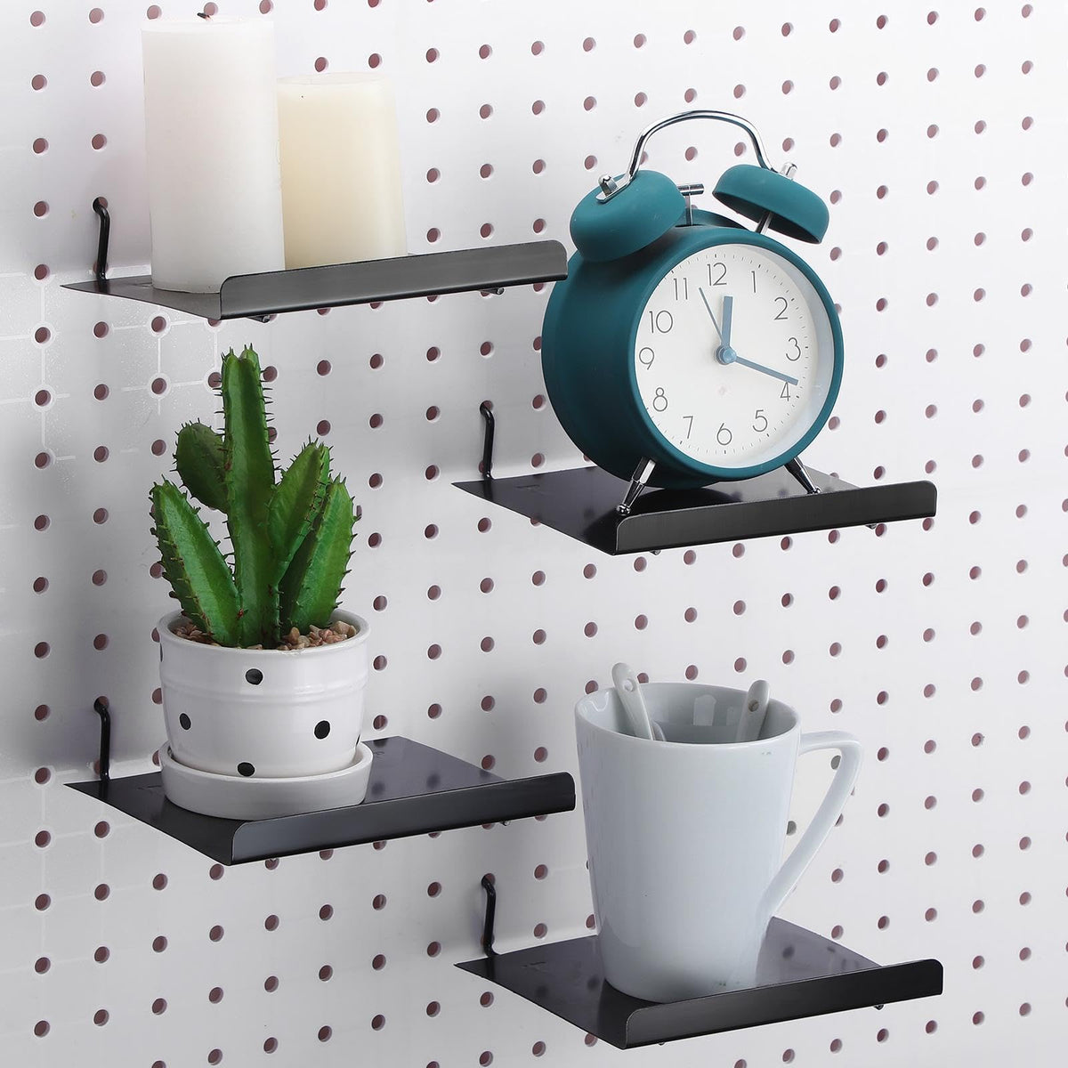 Coume 4 Pack Pegboard Shelves Wall Organizer Peg Board Shelf Brackets Steel Tray Pegboard Accessories Organizing Tools for Craft Room Home Garage Nursery Workbench Kitchen, Black, 5.91 x 4.72 Inch