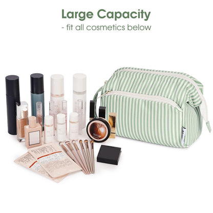 Narwey Large Makeup Bag Wide-Open Zipper Pouch Travel Wash Bag Toiletry Bag Cosmetic Organizer for Women (Mint Green Stripe)