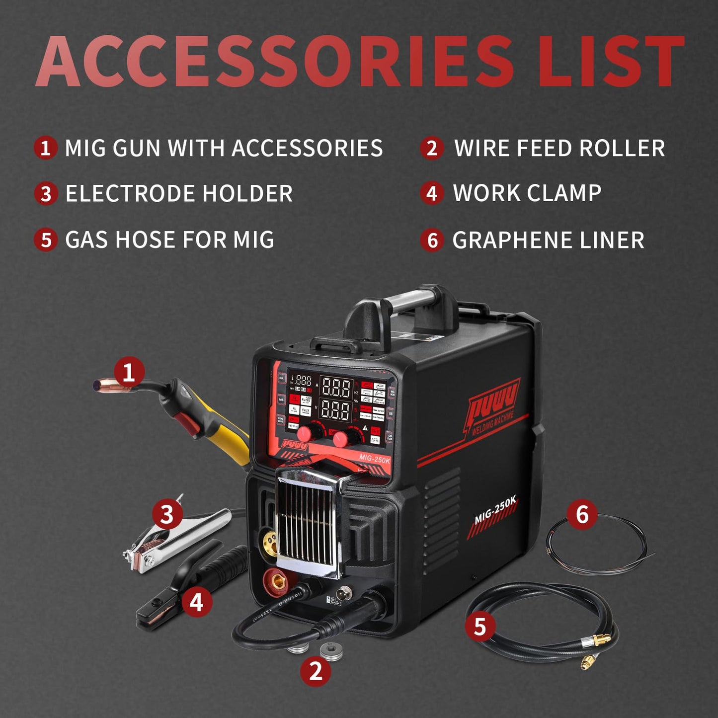PUWU 250Amp 220V MIG Welder, 6-in-1 Multi-Process Aluminum Welding Machine -GAS MIG/GASLESS Flux Core MIG/Single Pulse MIG/Dual Pulse MIG/Lift TIG/STICK/MMA, Spool Gun Compatible(BLACK)