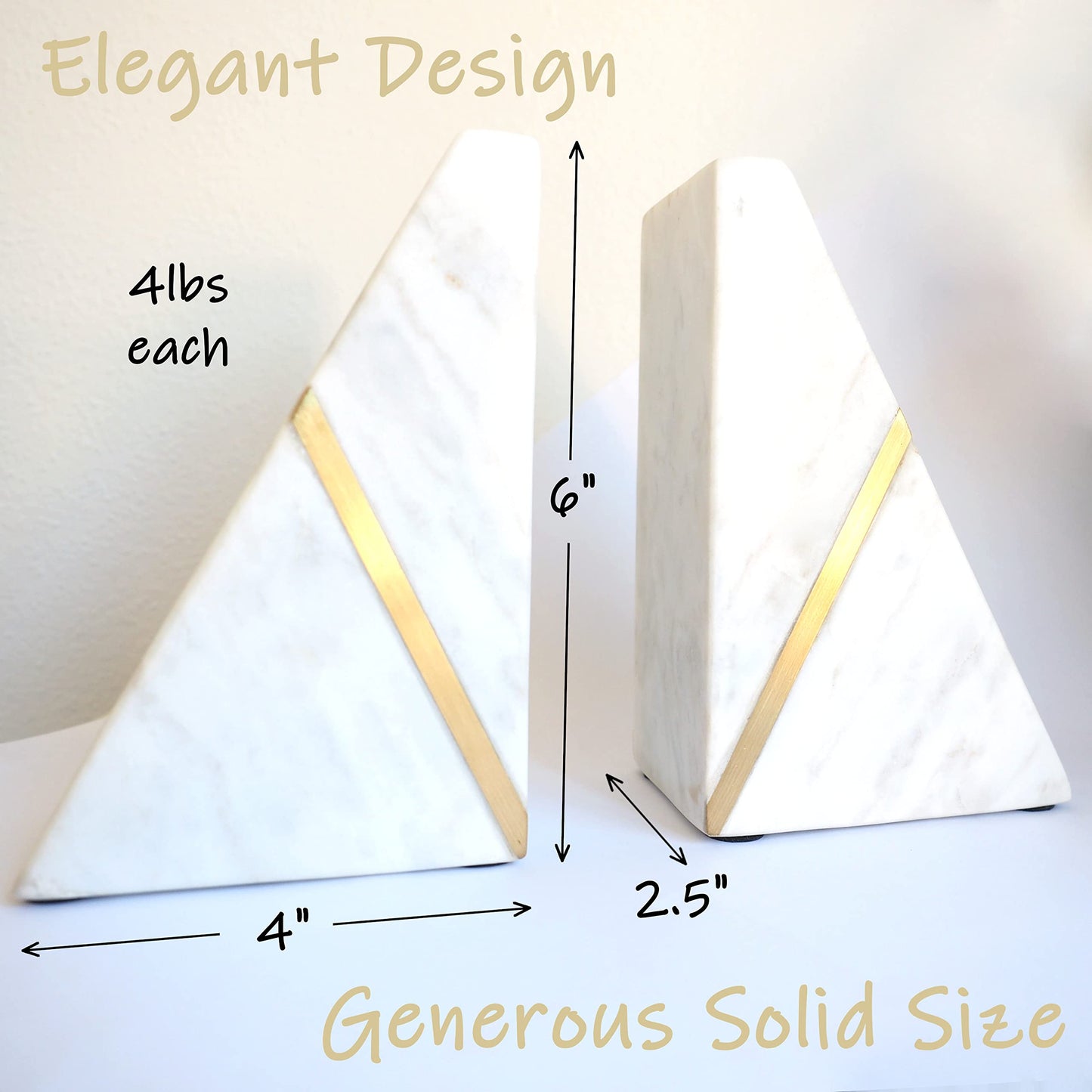 Marble Bookends Handcrafted Heavy Marble Triangular Bookshelf Decor Brass Inlay Set of 2 Decorative Bookends Book Stoppers with Non-Skid Bottom Solid Home Kitchen Office Shelves Triangle