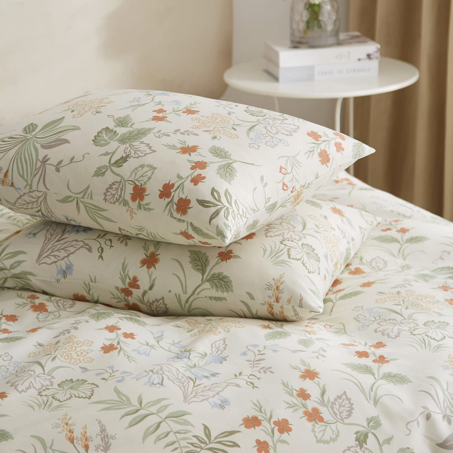 mixinni Floral Duvet Covers Queen Size Botanical Flower Leaf Printed on White Bedding Duvet Cover Set with Zipper Closure Ties for Him and Her 1 Duvet Cover with 2 Pillowcases-(3pcs, Queen Size)