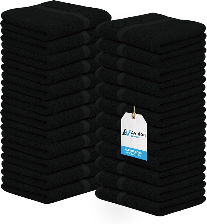 Avalon Towels Cotton Washcloths 24-Pack – 12 x 12 Inch Black Super Soft &