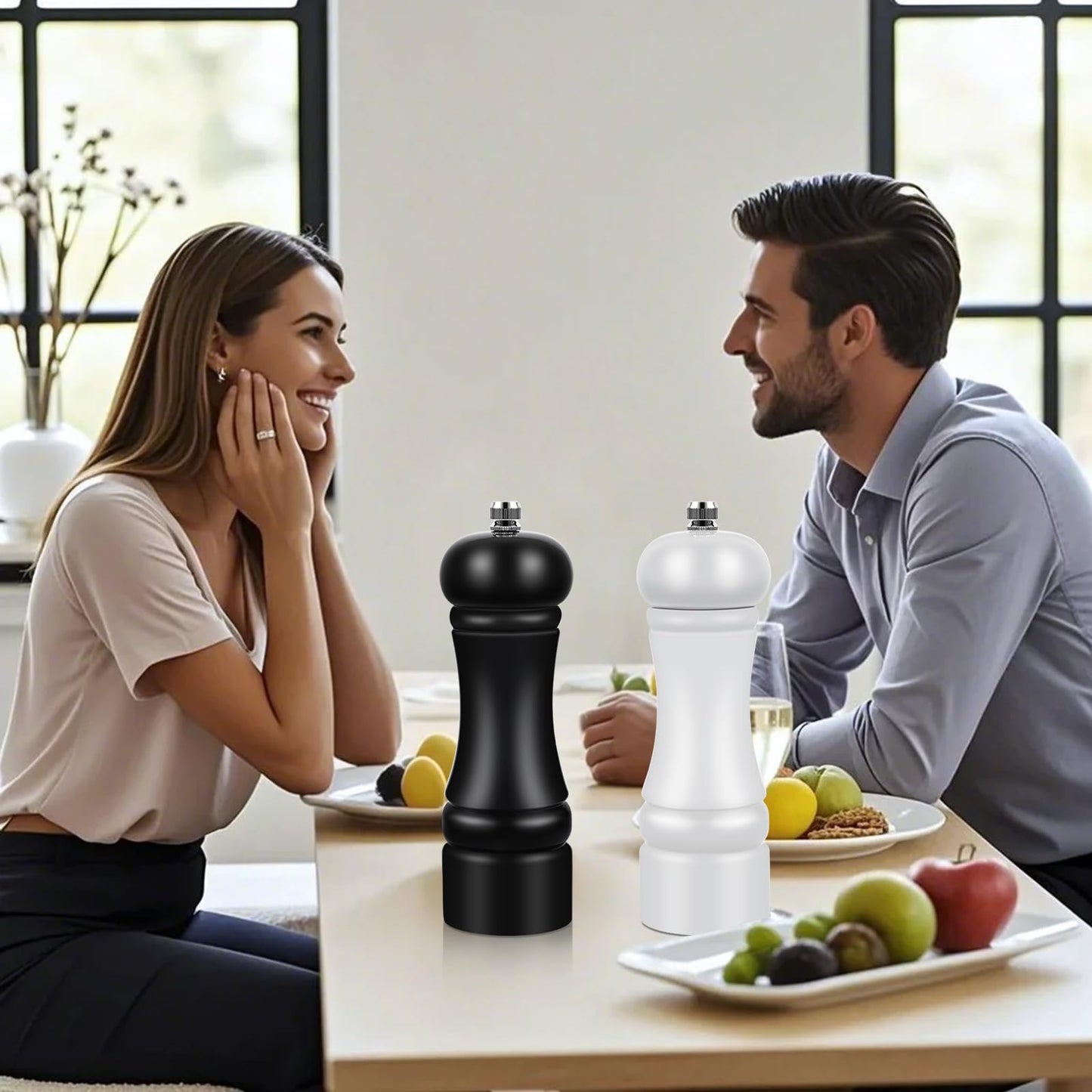 2Pack Wood 6.5 Inches Salt and Pepper Grinder Set and Adjustable Manual Salt and Pepper Mills, with Ceramic Grinding Mechanism, Housewarming Gifts, Cooking Gifts for Men & Women(Black & White)