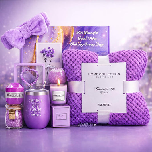 MEINESQIS Birthday Gifts for Women Gift Basket, Lavender Spa Gift Set with Cozy Flannel Blanket, Self Care Care Package Gift Box for Her, Mom, Wife, Sister, Best Friend, Girlfriend (Purple)