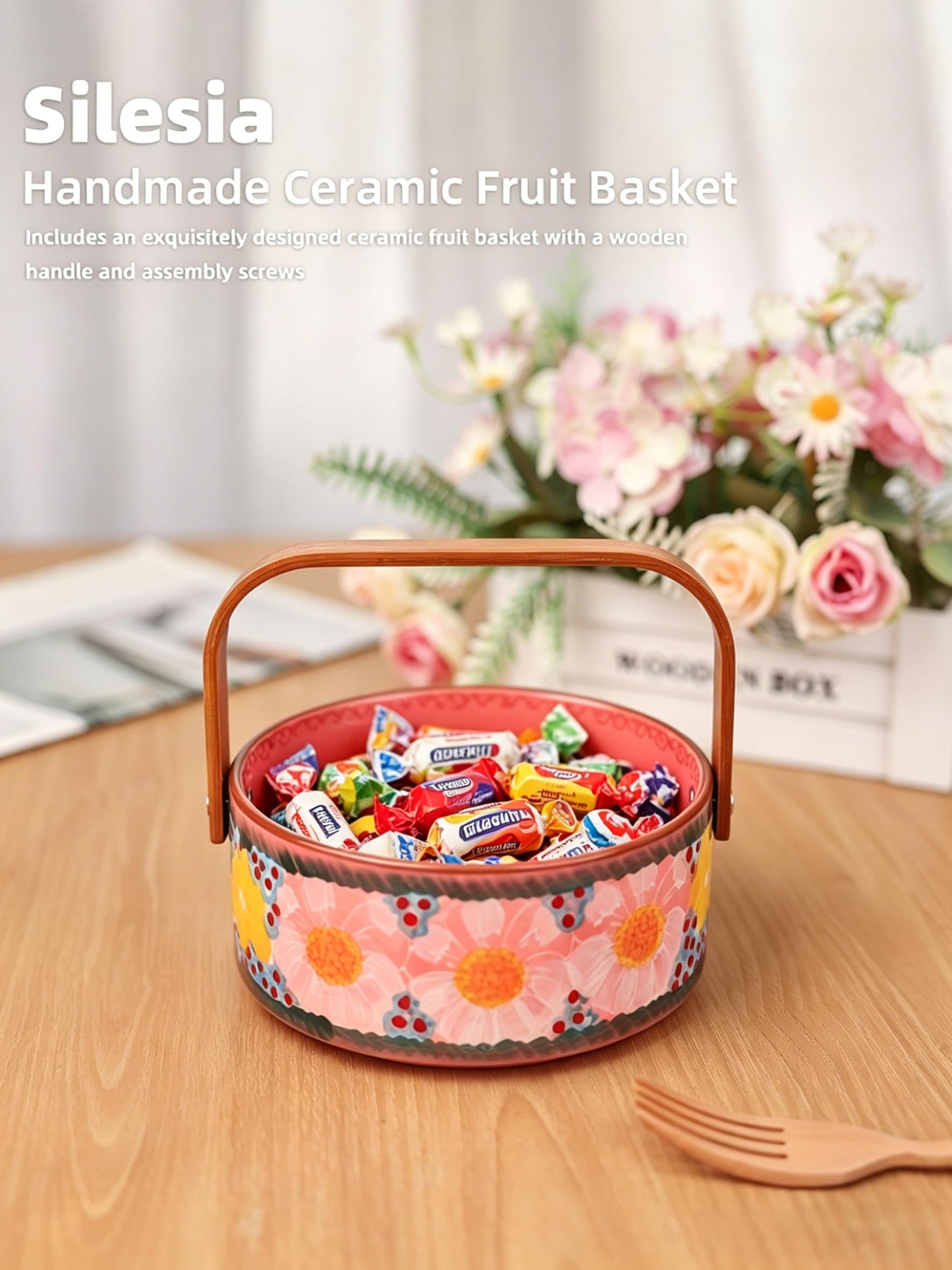 silesia Handmade Candy Bowl with Wooden Handle, 20 oz Hand-Painted Berry Bowl, Portable Handcrafted Serving Dish for Fruit, Nuts & Snacks, Rustic Farmhouse Decor (Glazed Pink)
