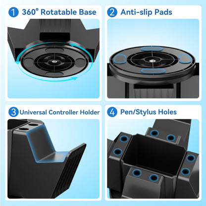 KDD Controller Organizer for Desktop - 360°Rotatable Controller Holder with Storage Box - Universal Stand for 4 Controllers, Desk Organizer for Switch Remote Control Pen Gamer Accessories