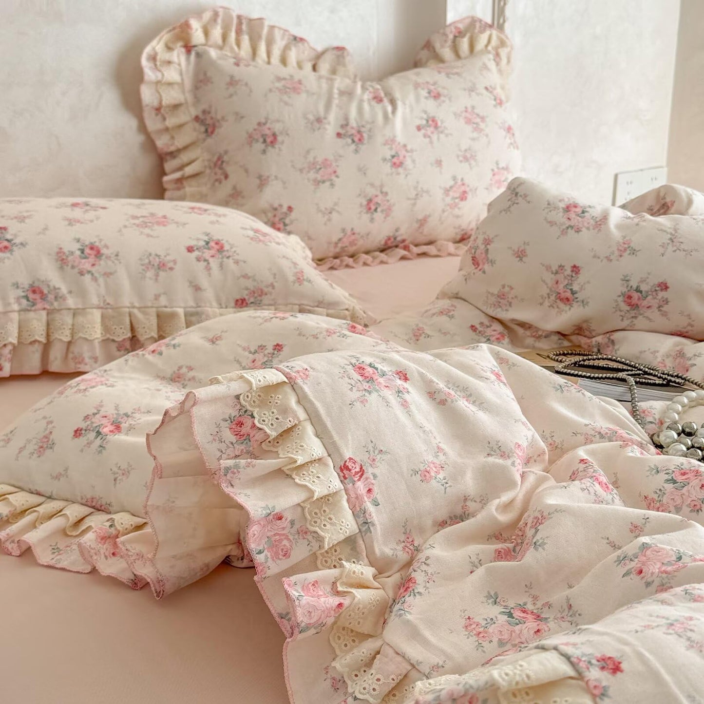 BuLuTu Pink Floral Duvet Cover Set Queen Size for Kids Teens Girls, Princess Lace Ruffled Quilt Cover Chic Aesthetic Comforter Cover with Zipper, 100% Cotton Muslin Bedding Set
