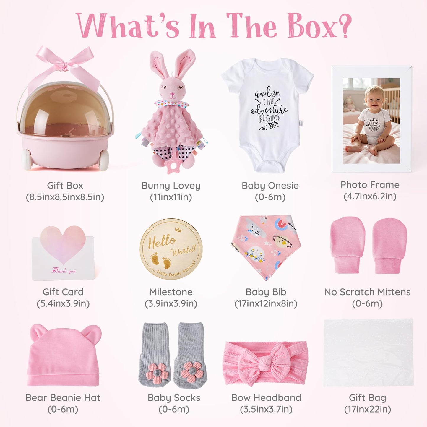 Baby Girl Gift Set - 12 Pcs Newborn Essentials with Bunny Lovey, 100% Cotton Onesie, Milestone Sign & Photo Frame - Unique Carriage Storage Box, Ready-to-Gift Baby Shower Gifts for Newborn Girls