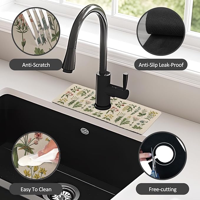 15" X 5.5" Kitchen Sink Splash Guard Faucet Mat Floral Super Absorbent Fast
