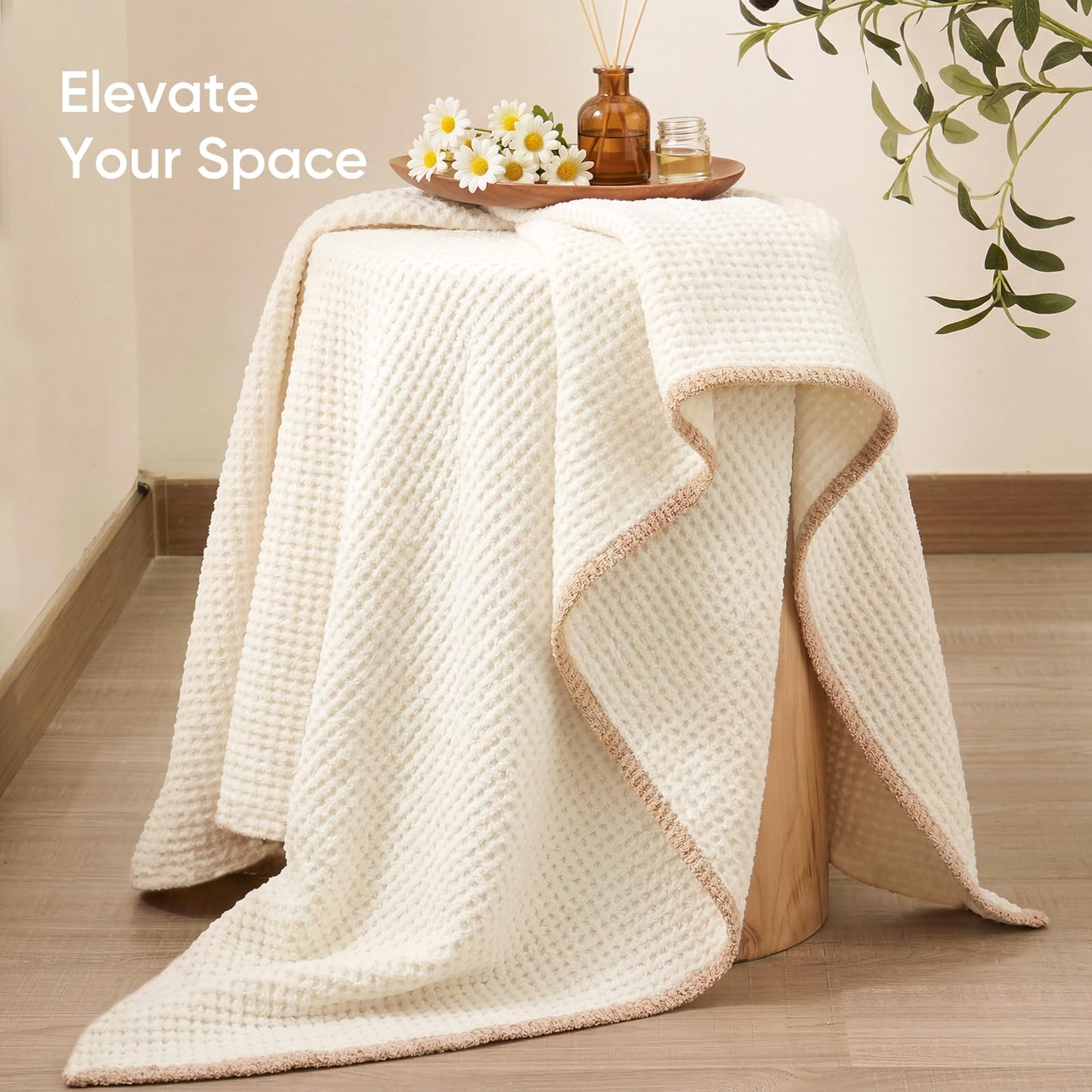 Snuggle Sac Ultra Soft Waffle Throw Blanket for Couch Bed Sofa 50x60 inches, Reversible Cream Blanket Microfiber Fluffy Fuzzy Cozy Knit Throws for Women Mothers Birthday Gifts