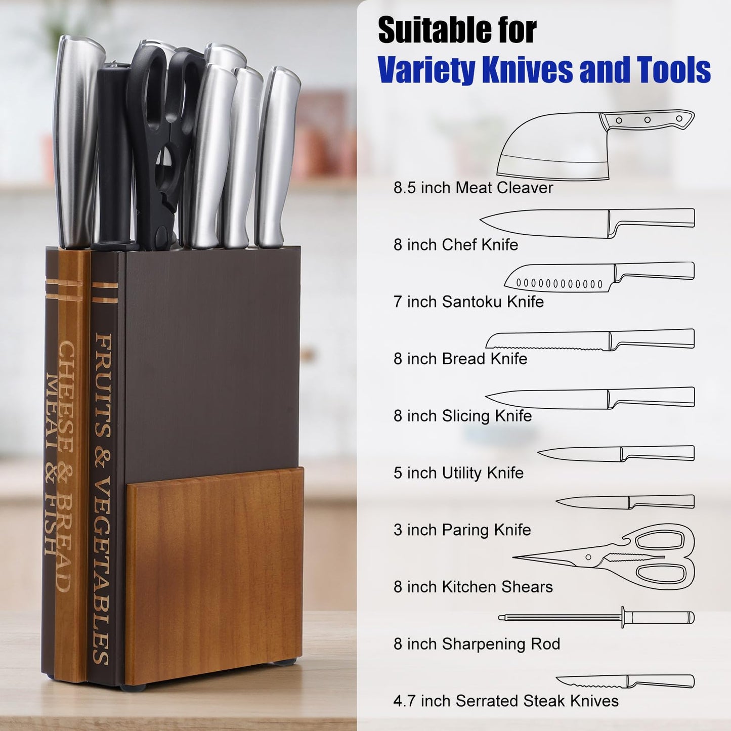 Book Knife Block Holder for Kitchen Countertop Wood Knife Block Without Knives 12 Slot Book Cutting Board Accessories Decorative Storage Organizer that Look Like Books Gift for Home Cooks