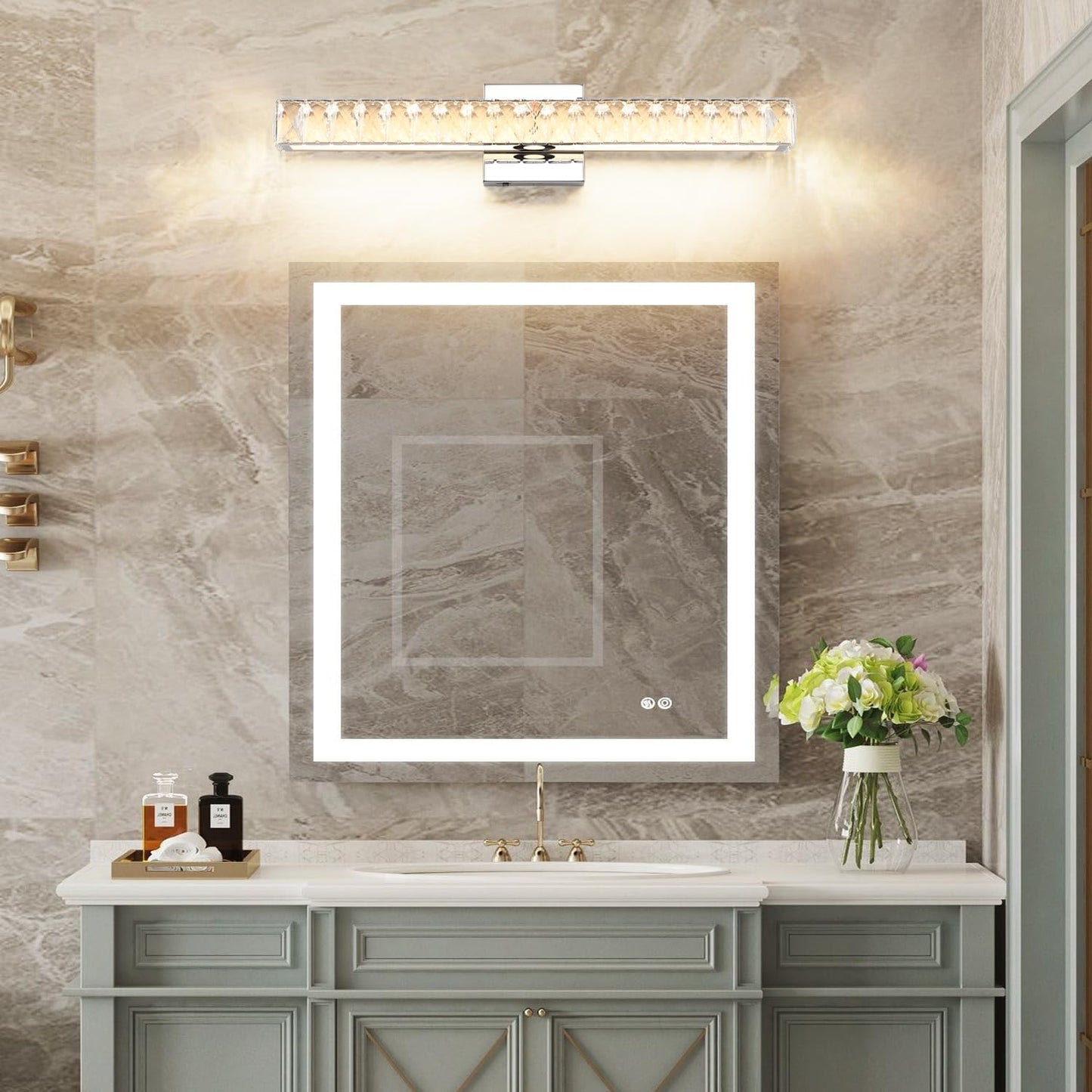 SOLFART Crystal Bathroom Lighting Fixtures Over Mirror, 24 Inch Chrome LED Vanity Light, 5 Color Adjustable 5CCT