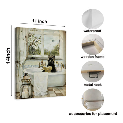 WODMIS Funny Black Cat Reading Bathroom Wall Decorations Framed Canvas Art, Black Cat Gifts, Whimsical Kitten Reading in Bathtub Decor Canvas Home Decorations for Bathroom Washroom Wall Decor 11x14