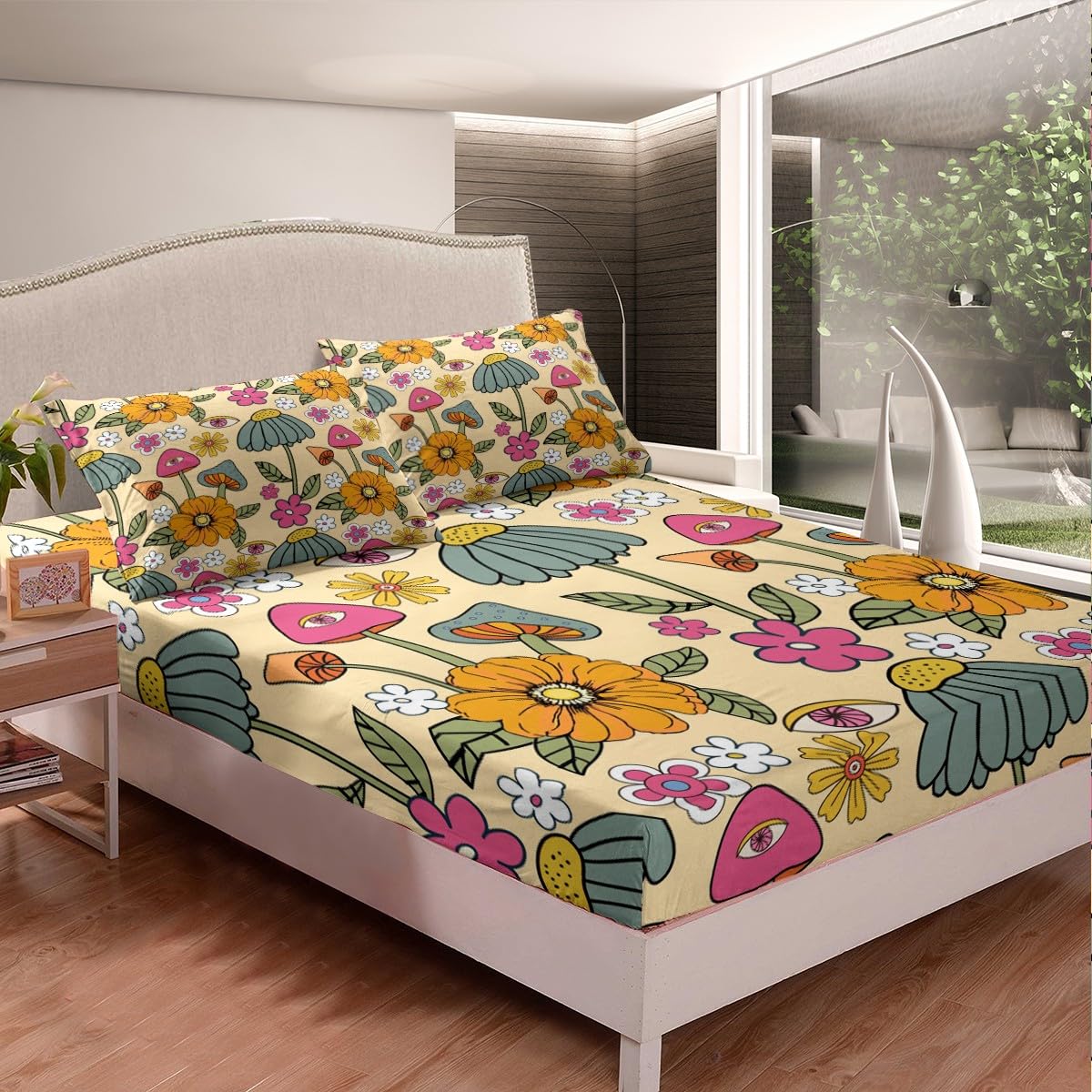 70s Retro Floral Fitted Sheet Set Full Size 4pcs,Hippie Flowers Leaves Bedding Sets(1 Fitted, 1 Flat, 2 Pillowcases) Cartoon Eyes Mushroom Luxury Deep Pocket Bed Sheets, Modern