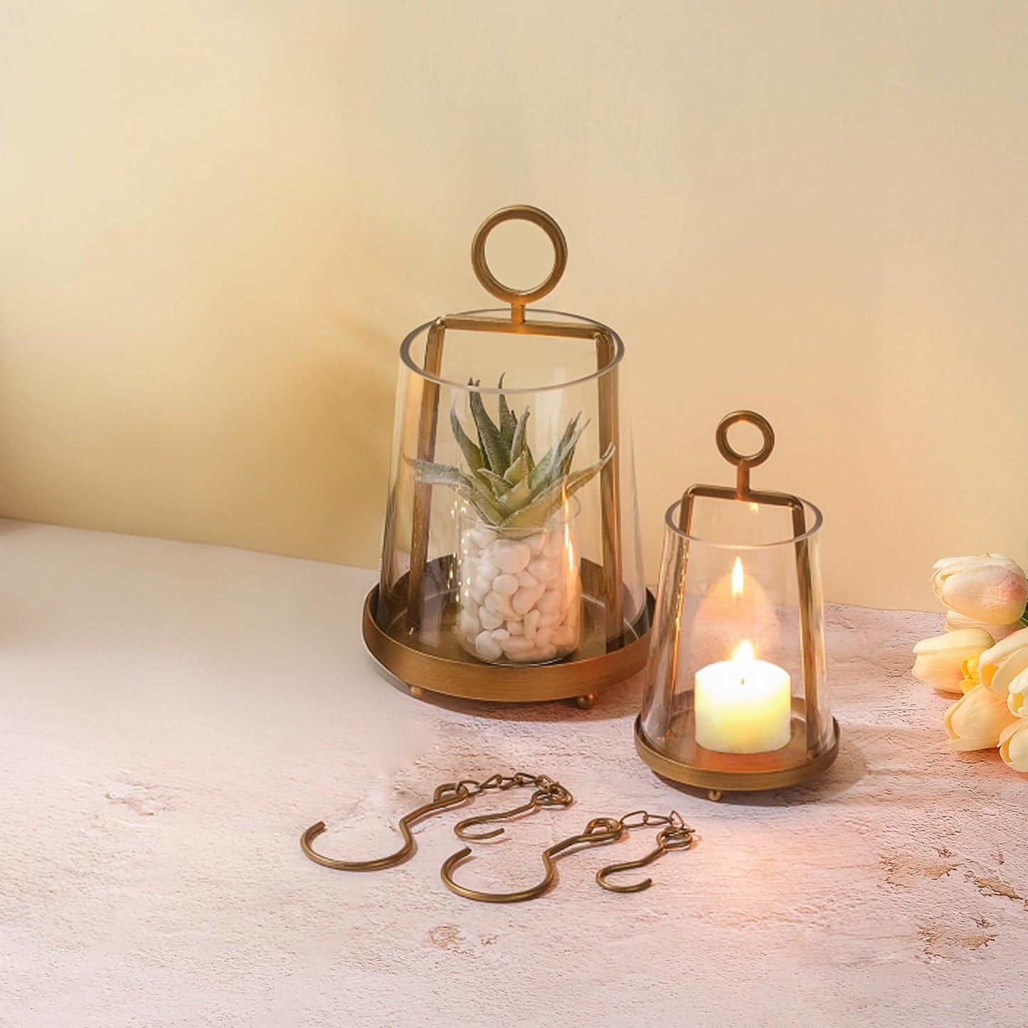 Twakutwaku 6" & 4" Wide Modern Farmhouse Metal Hurricane Candle Holder with Handmade Sturdy Glass Sleeve in Antique Brass for Pillar Candle & Plants, Glass Hurricane Lantern, Industrial, Minimalistic