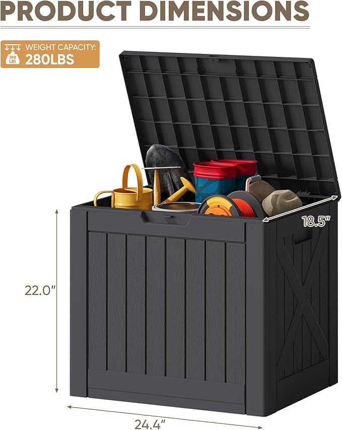 JUMMICO 42 Gallon Deck Box Waterproof, Resin Outdoor Storage Box with Side Handles, Outdoor Storage Benches Lockable for Patio Cushions and Garden Tools (Black)