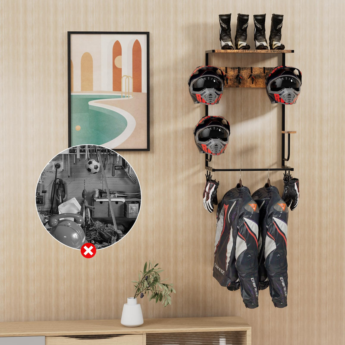 OMISRUIS Motorcycle Helmet Holder Wall-Mounted Helmet Rack with 4 Glove Chips& Hooks - Rustic Bike Helmets Storage Organizer, Universal Wall Mount for Helmets, Gear, Clothes, Accessories，Retro