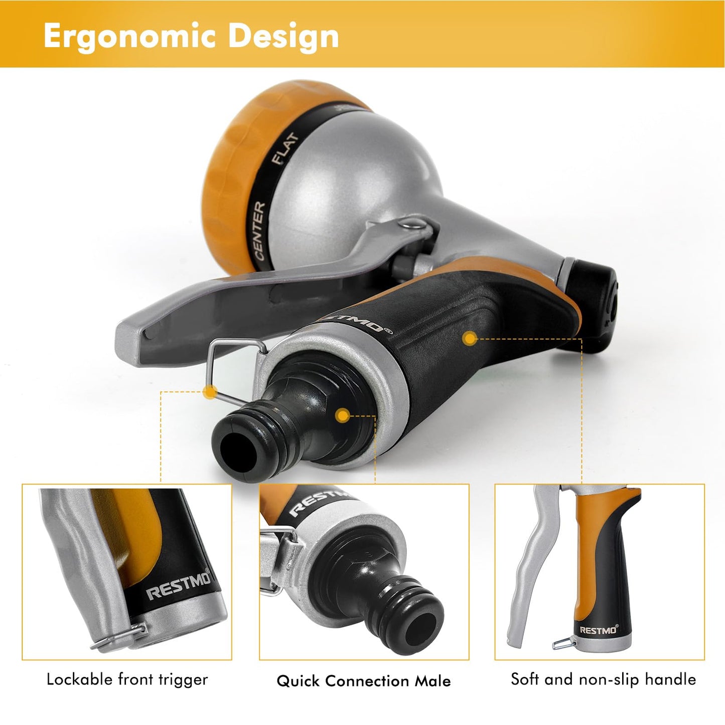 RESTMO Hose Pipe Spray Gun, Heavy Duty Garden Hose Spray Gun, High Pressure Hose Nozzle, Metal Hand Sprayer with 7 Patterns and Water Flow Control, Ideal to Water Plant & Lawn, Wash Car & Pet, Yellow