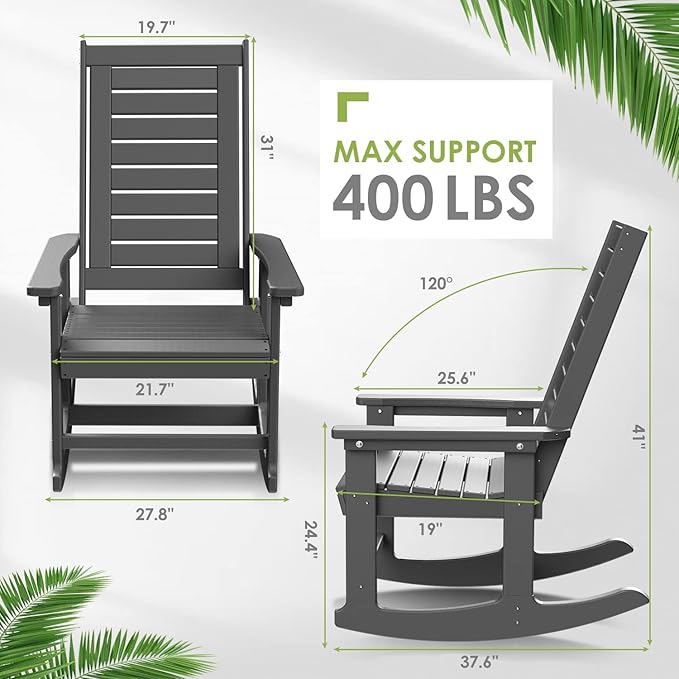 GREENVINES Outdoor Rocking Chair Set | 3-Piece | 2 Rocking Chairs with 1 Side Table | Porch Rocker | HDPE Plastic | Grey | Patio Furniture Sets | High Back | Big & Tall | Ladder Back