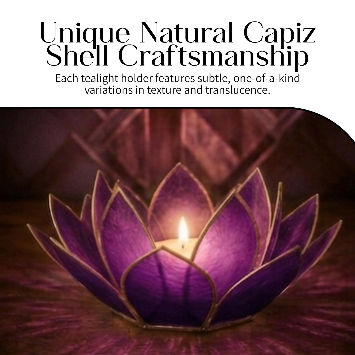 Om Gallery Mini Gemstone Lotus Tealight Holder - Handcrafted Capiz Shell Design for Soft Glow, Elegant Home & Table Decor, Wedding Centerpiece, Votive Candle Styling & Thoughtful Gifting - Tanzanite