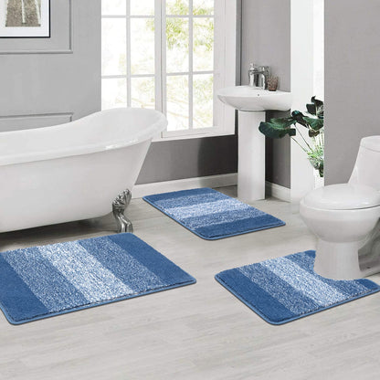 Enyhom Microfiber 3 Piece Bath Mat Sets Non Slip Bath Rugs and Pedestal Mats for Bathroom Washable Absorbent Bathroom Floor Carpet Rug Toilet Rug, Blue