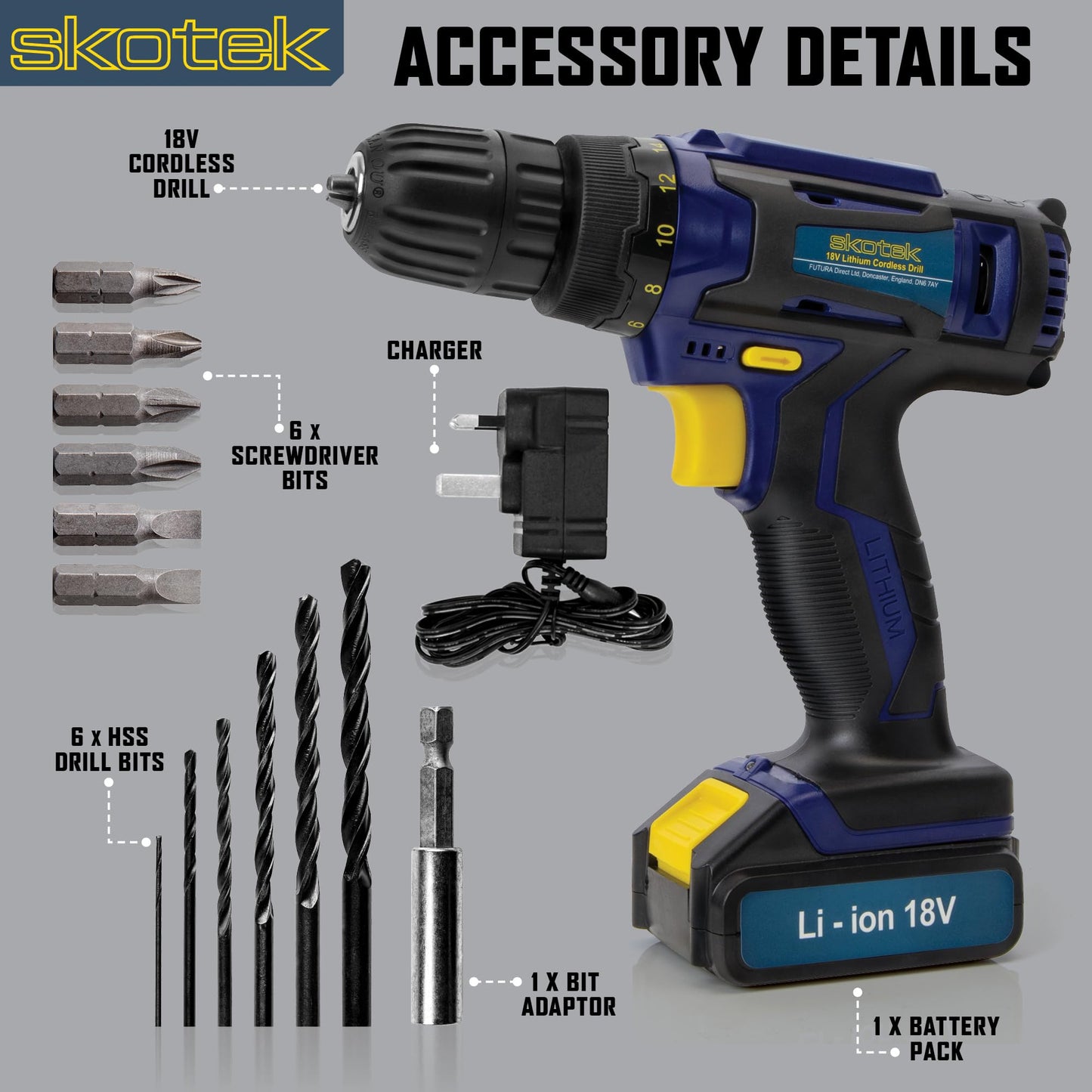 Skotek Cordless Drill Driver 18V Lithium-Ion, 13Pc Electric Screwdriver Set, LED Work Light, Electric Drill Quick Change Power Drill Battery and Charger Included