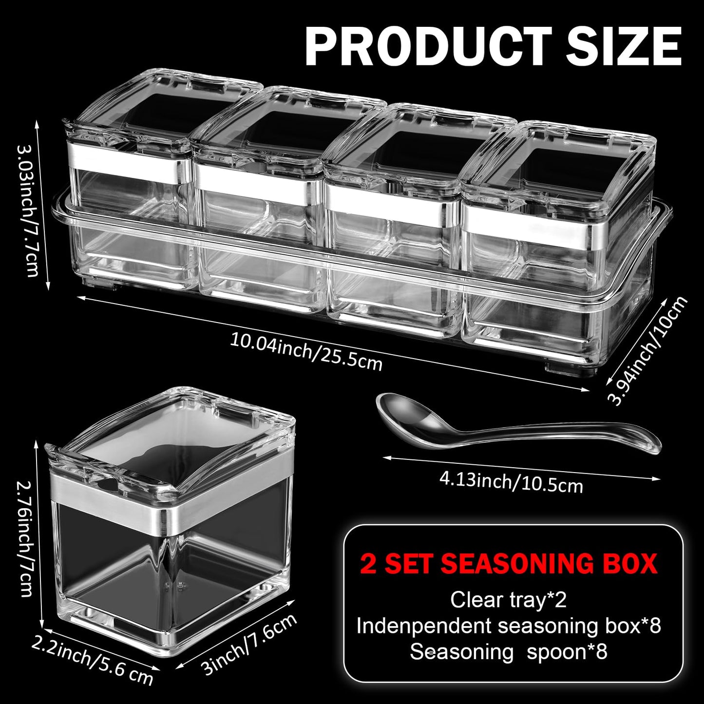 2 Set Acrylic Seasoning Organizer Box 10 x 4 x 3.2 in 8 Clear Seasoning Rack Spice Pot Condiment Container with Lid and Spoon Storage Container Spice Jar for Sugar Salt Kitchen Cooking Organizer