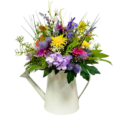 Lnymura 14 Inch Farmhouse Floral Centerpiece in Watering Can, Lighted Spring Summer Wildflower Arrangement with Timer Daisies for Table Decor Home and Kitchen