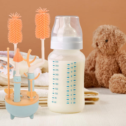 FRCOLOR Bottle Brush Set with Long Handle and Straw Cleaning Brush for Feeding, Blue Multi-piece Household Cleaning Kit with Drying Rack Suitable for Travel and Daily Use