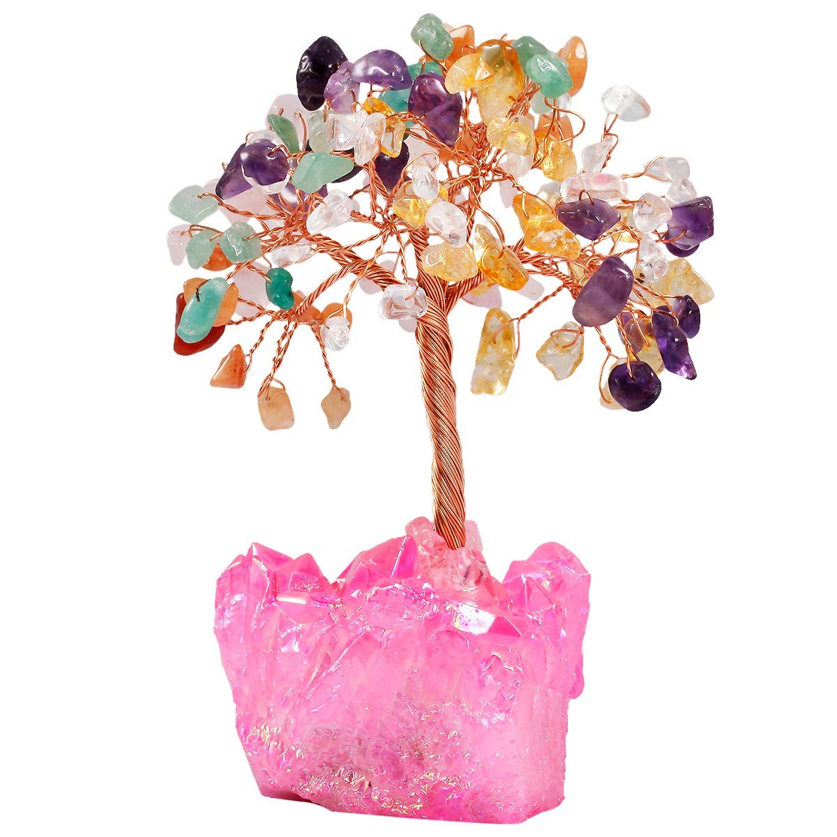 SUNYIK Natural Multicolor Crystal Money Tree, Fuchsia Titanium Coated Crystal Cluster Base Bonsai Sculpture Figurine 2.3 Inches