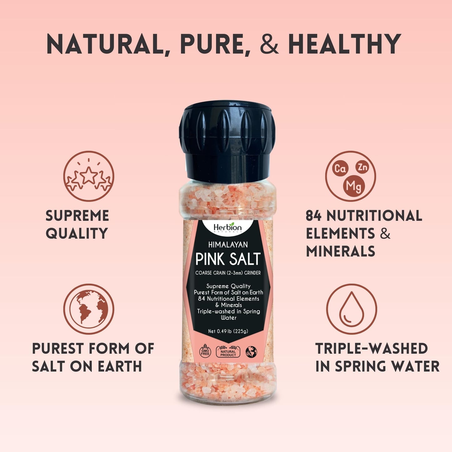 Herbion Naturals Premium Himalayan Cooking Essentials – Pink Salt 5 lbs & Salt Grinder Bottle | Mineral-Rich Seasoning, Pantry Staple & Fresh-Grind Flavor | 2-Piece Bundle