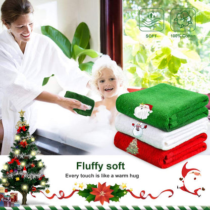 SamfuLoge Christmas Handkerchief, 3-Pack Decorative dishwashing Towel Set, 100% Cotton washbasin Towel for Drying, Cleaning, Cooking, and Baking, Embroidered Christmas Element Design Towel Gift Set