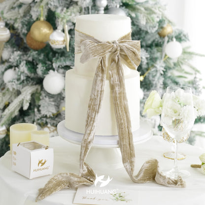 HUIHUANG Taupe Velvet Crinkled Frayed Ribbon - 3 Inch Wide Champagne Fringe for Wreaths, Christmas Tree, Flower Bouquet, Gift Wrapping, Wedding & Bridal Shower Decor