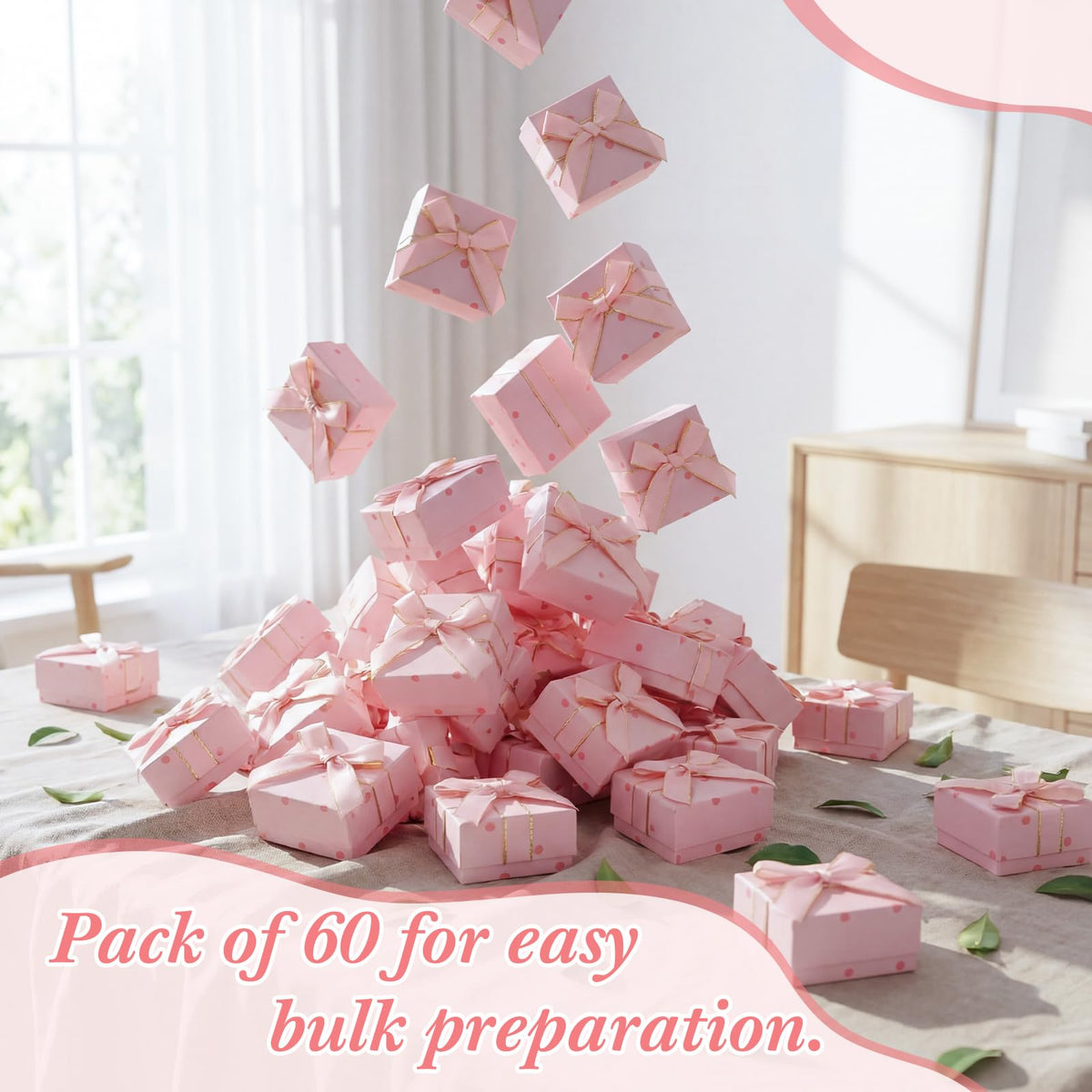 Nosiny 60 Pcs Pink Jewelry Gift Boxes 3 Inch Cardboard Jewelry Packaging Boxes with Polka Dot Bow Bulk Gift Box Square for Necklace Bracelet Ring Badge Brooch Earring Selling Boutique Wedding Party