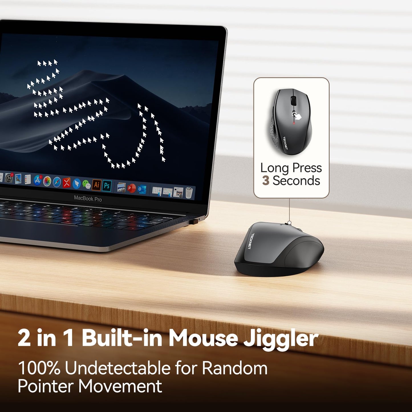 TECKNET Wireless Mouse Jiggler, USB-C Rechargeable Mouse, Silent Mouse Quiet Click, Build-in Mouse Mover, 6400 DPI Ergonomic Mouse, 2.4G Cordless Computer Mice for Mac, Laptop, Desktop, PC