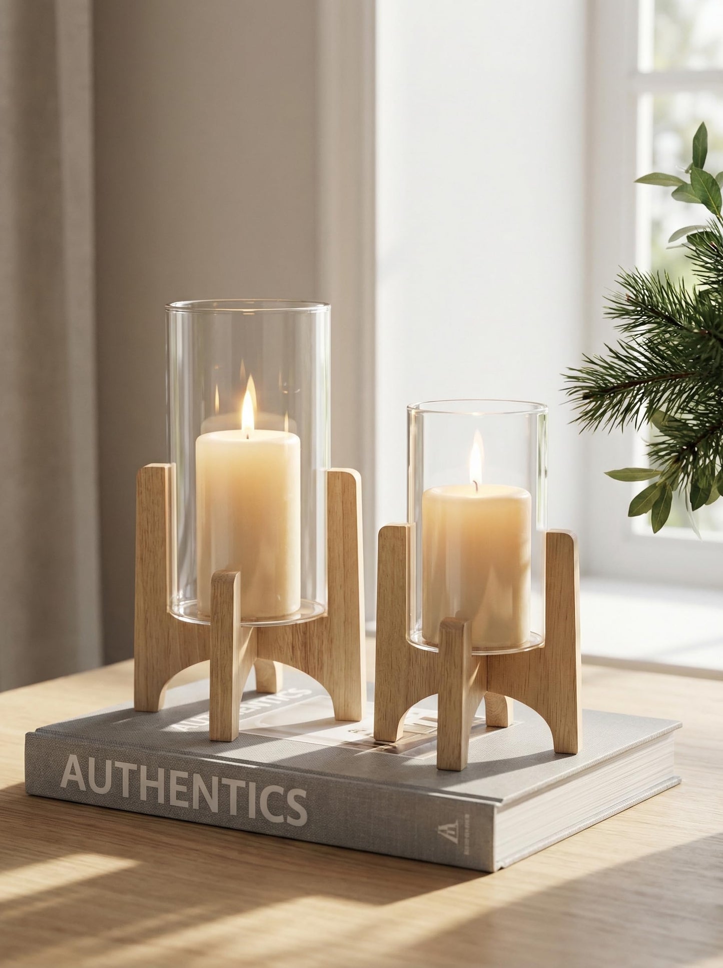 NUPTIO Hurricane Glass Candle Holders: Set of 2 Pillar Candle Holders with Wooden Stands - Mid Century Organic Modern Vases for Dining Table Centerpieces Decor