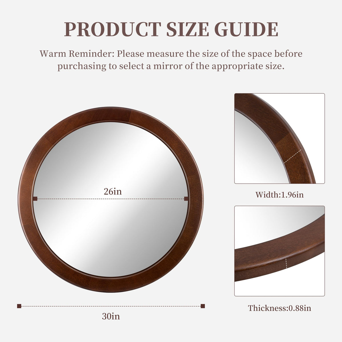CULER Round Mirrors 30 Inch,Wood Vanity Wall Rustic Mirror with Walnut Frame, Wooden Mirror for Bathroom Bedroom Living Room Or Entryway(Walnut Brown)
