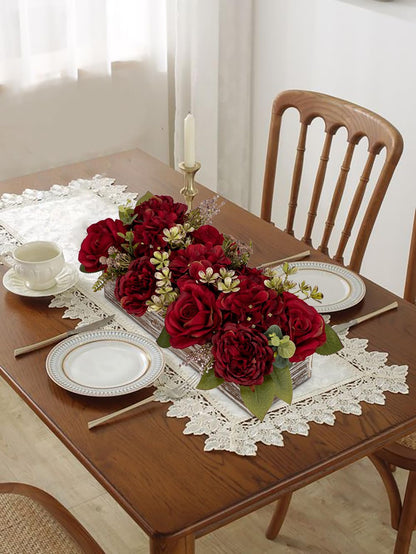 Flower Arrangement with Wooden Vase 14" Artificial Flowers in Pot - Fake Flowers Roses Peonies Hydrangeas in Wooden Vase Potted Artificial Flower Centerpieces for Table Decor Living Room - Red