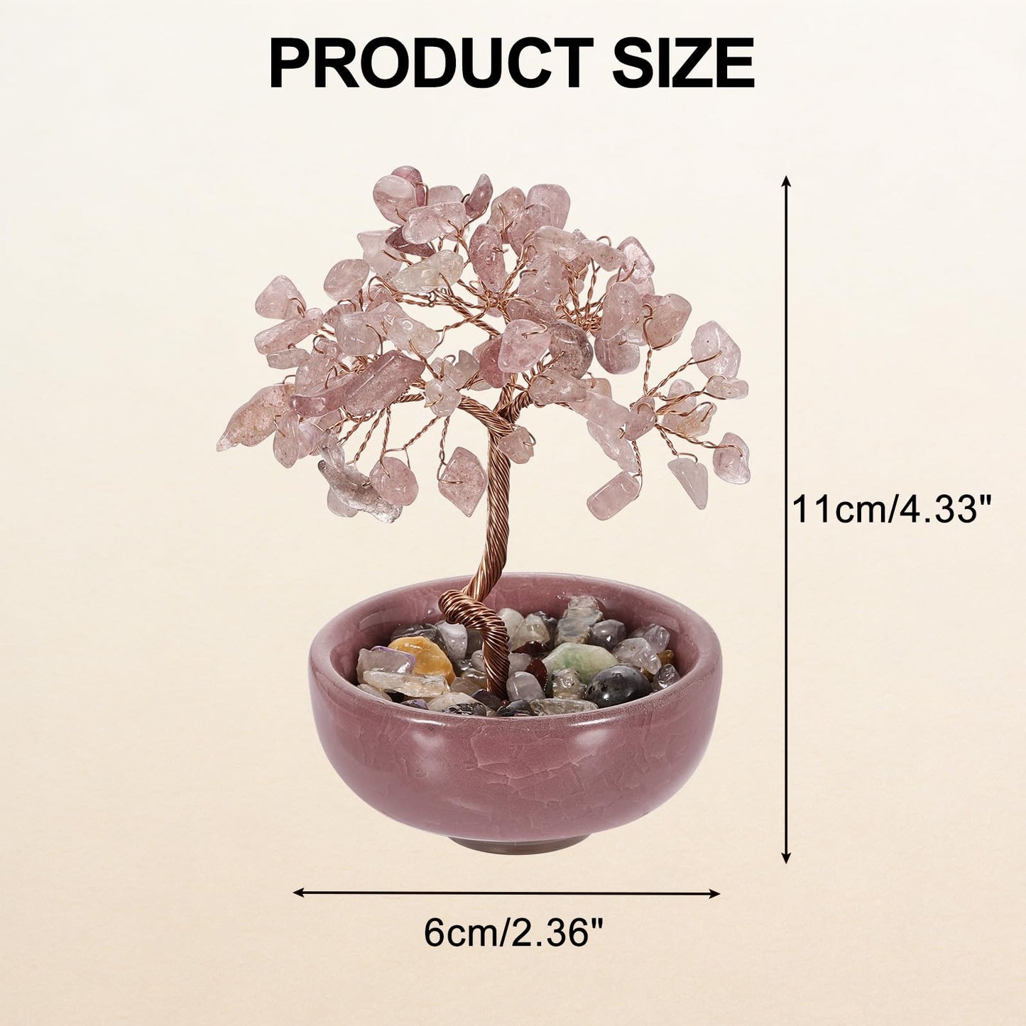 MECCANIXITY 7 Chakra Crystal Tree of Life, Natural Strawberry Crystal Gemstone Tree Handmade Feng Shui Bonsai with Agate Base for Positive Energy, Good Luck, Home Decor (4 x 2.4 Inch Pink)